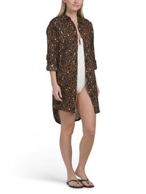 CYNTHIA ROWLEY Linen Blend Printed LongSleeve Button Front Coverup Shirt Dress♥️